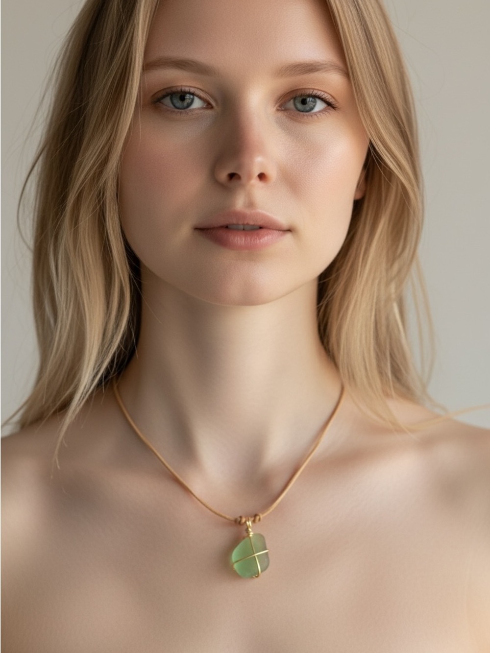 9/25 Gold Cord Necklace with Green Sea Glass Pendant